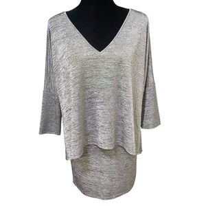 White House Black Market Silver Tunic Top Medium Dolman Sleeve Layered Hem